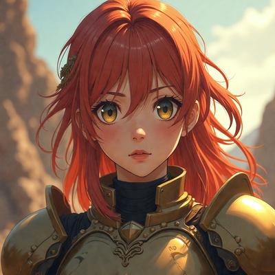 Primary subject: A woman with red hair and a gold armor.

Setting/background: A rocky mountain range in the background.

Visual style: Digital art.

Colors and mood: The woman has red hair, and the armor is gold, giving the image a warm and vibrant atmosphere.